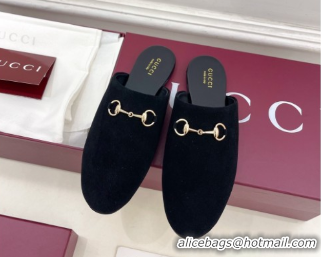 Top Quality Gucci Suede Flat Mules with Horsebit Black 1020039