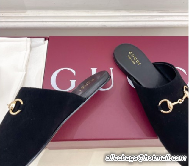 Top Quality Gucci Suede Flat Mules with Horsebit Black 1020039