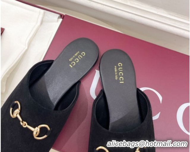 Top Quality Gucci Suede Flat Mules with Horsebit Black 1020039