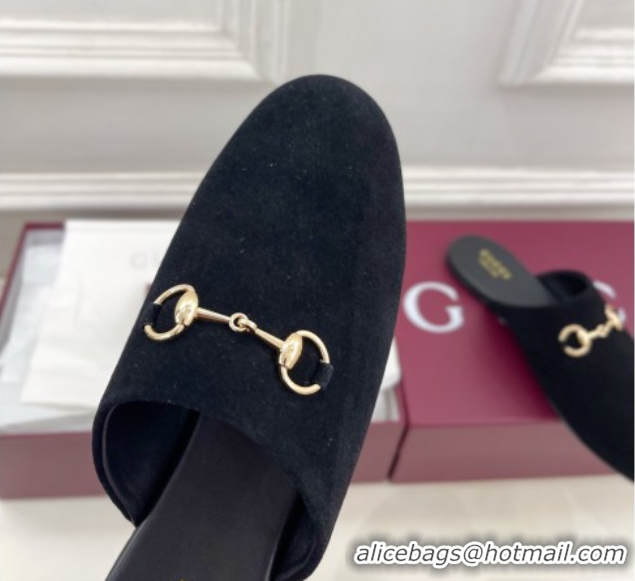 Top Quality Gucci Suede Flat Mules with Horsebit Black 1020039