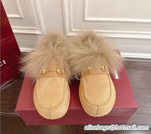 Good Looking Gucci Suede and Wool Flat Loafers with Horsebit Beige Yellow 2025 GG102001