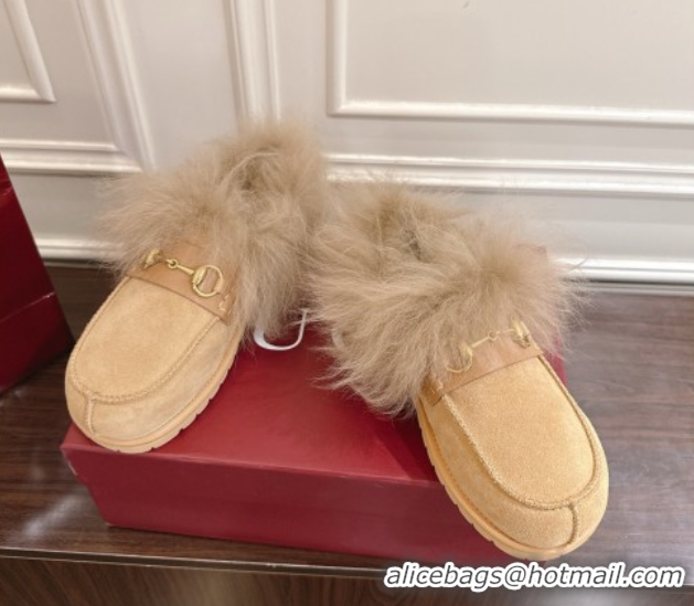 Good Looking Gucci Suede and Wool Flat Loafers with Horsebit Beige Yellow 2025 GG102001