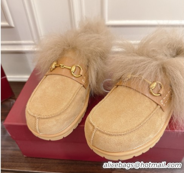 Good Looking Gucci Suede and Wool Flat Loafers with Horsebit Beige Yellow 2025 GG102001