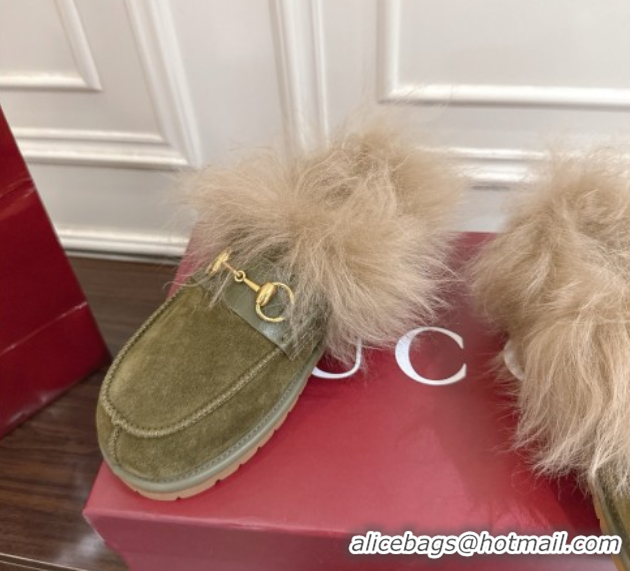 Unique Style Gucci Suede and Wool Flat Loafers with Horsebit Green GG102001