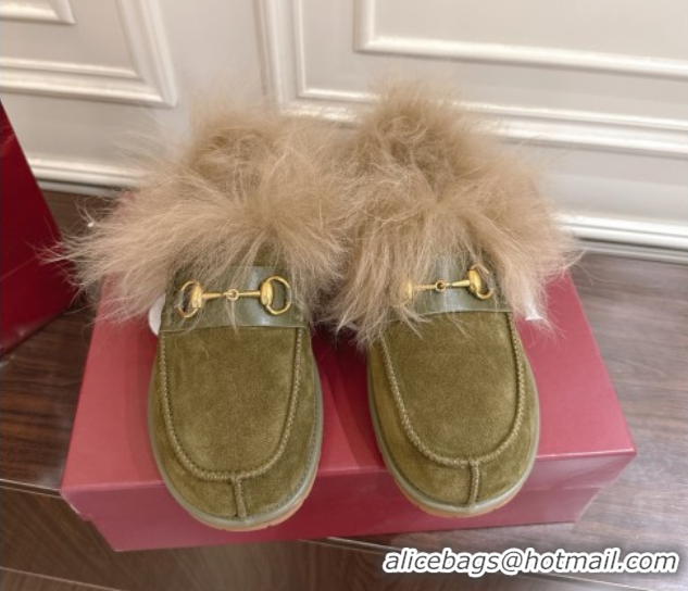 Unique Style Gucci Suede and Wool Flat Loafers with Horsebit Green GG102001