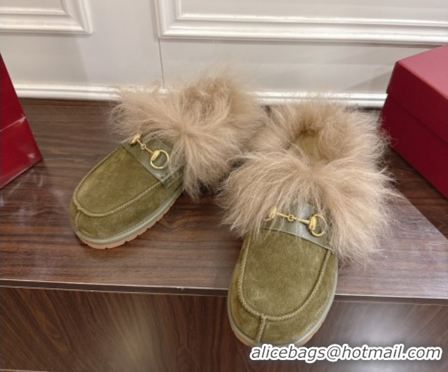 Unique Style Gucci Suede and Wool Flat Loafers with Horsebit Green GG102001