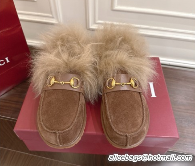 Best Product Gucci Suede and Wool Flat Loafers with Horsebit Brown GG102001