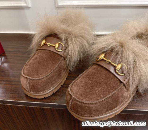 Best Product Gucci Suede and Wool Flat Loafers with Horsebit Brown GG102001