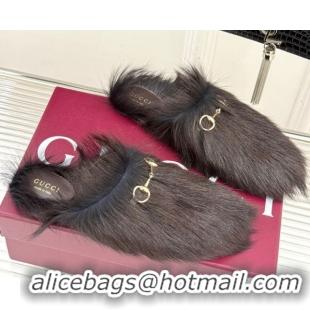 Big Discount Gucci Wool Flat Mules with Horsebit Dark Brown 1020044