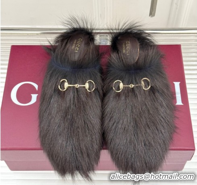 Big Discount Gucci Wool Flat Mules with Horsebit Dark Brown 1020044