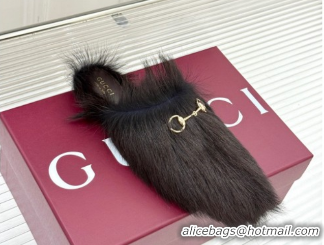 Big Discount Gucci Wool Flat Mules with Horsebit Dark Brown 1020044