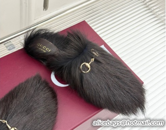 Big Discount Gucci Wool Flat Mules with Horsebit Dark Brown 1020044