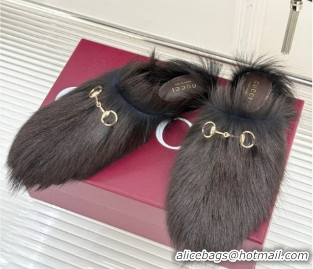 Big Discount Gucci Wool Flat Mules with Horsebit Dark Brown 1020044