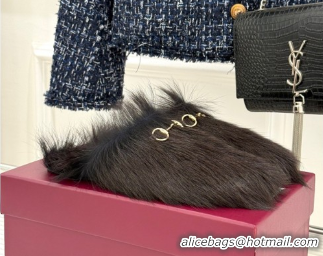 Big Discount Gucci Wool Flat Mules with Horsebit Dark Brown 1020044