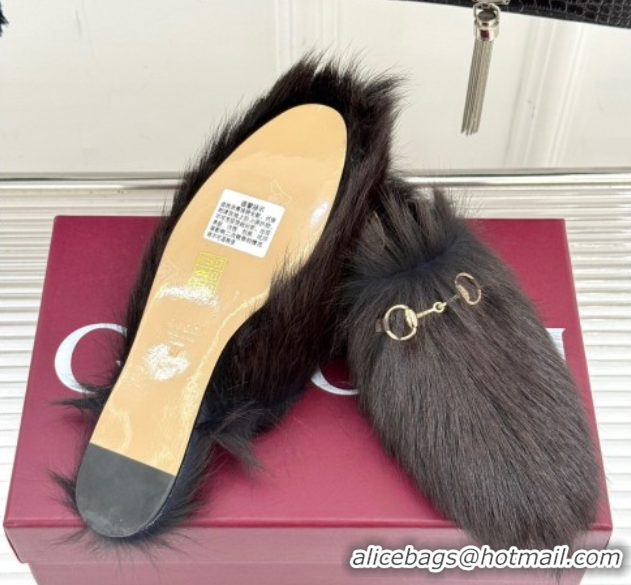 Big Discount Gucci Wool Flat Mules with Horsebit Dark Brown 1020044