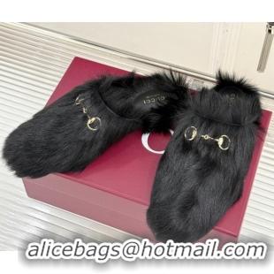 Most Popular Gucci Wool Flat Mules with Horsebit Black 1020046