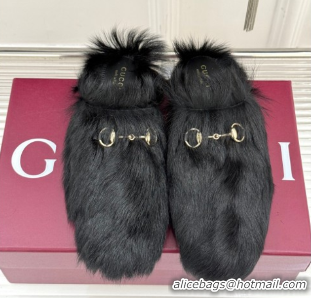 Most Popular Gucci Wool Flat Mules with Horsebit Black 1020046