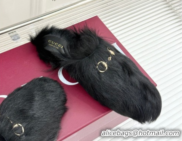 Most Popular Gucci Wool Flat Mules with Horsebit Black 1020046