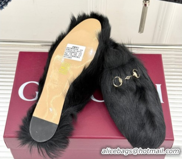 Most Popular Gucci Wool Flat Mules with Horsebit Black 1020046