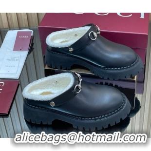Best Price Gucci Leather and Wool Mule with Horsebit 835829 Black 1020048