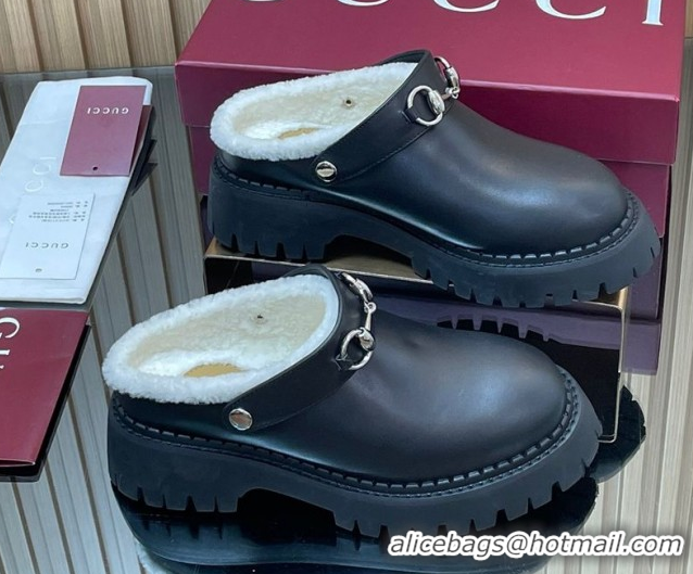 Best Price Gucci Leather and Wool Mule with Horsebit 835829 Black 1020048