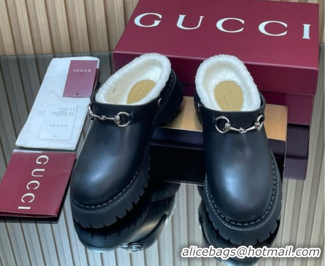 Best Price Gucci Leather and Wool Mule with Horsebit 835829 Black 1020048
