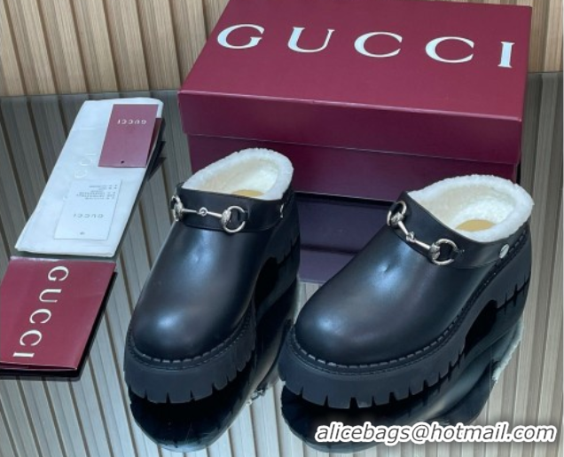Best Price Gucci Leather and Wool Mule with Horsebit 835829 Black 1020048