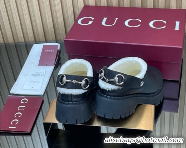 Best Price Gucci Leather and Wool Mule with Horsebit 835829 Black 1020048