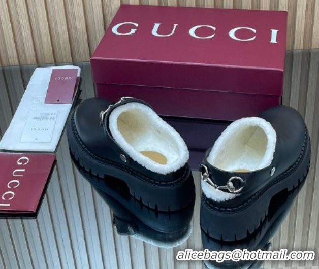 Best Price Gucci Leather and Wool Mule with Horsebit 835829 Black 1020048