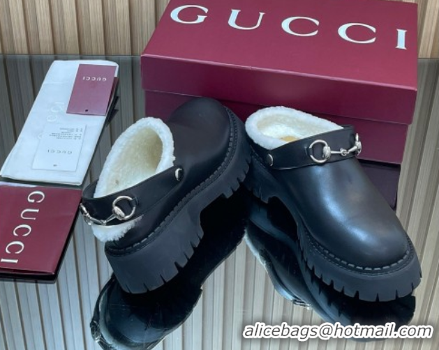 Best Price Gucci Leather and Wool Mule with Horsebit 835829 Black 1020048