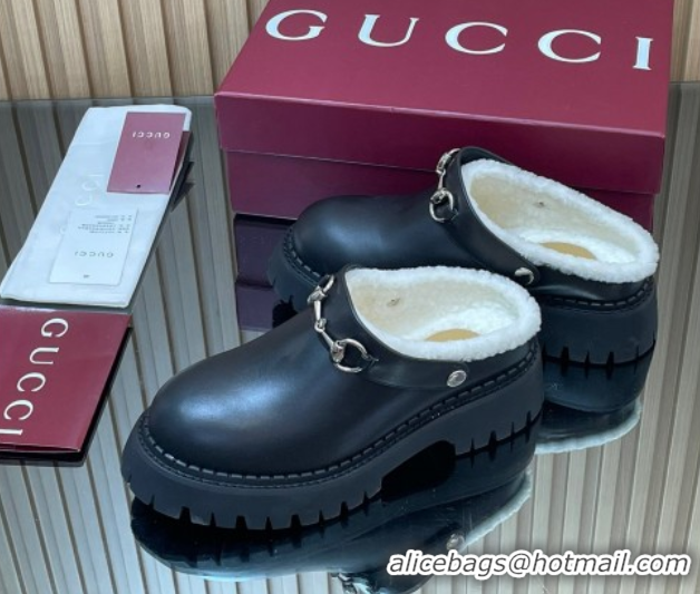 Best Price Gucci Leather and Wool Mule with Horsebit 835829 Black 1020048