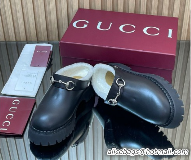 Best Price Gucci Leather and Wool Mule with Horsebit 835829 Black 1020048