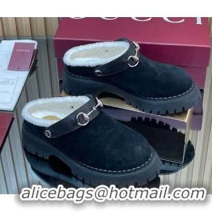 Best Quality Gucci Suede and Wool Mule with Horsebit 835829 Black 1020049