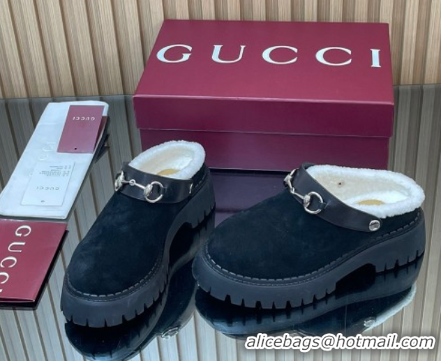 Best Quality Gucci Suede and Wool Mule with Horsebit 835829 Black 1020049