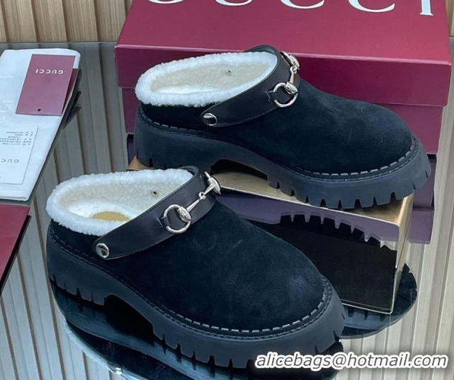 Best Quality Gucci Suede and Wool Mule with Horsebit 835829 Black 1020049