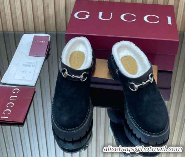 Best Quality Gucci Suede and Wool Mule with Horsebit 835829 Black 1020049