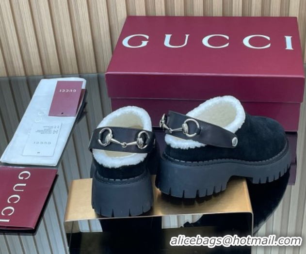 Best Quality Gucci Suede and Wool Mule with Horsebit 835829 Black 1020049