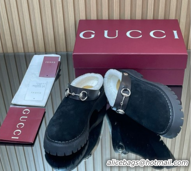 Best Quality Gucci Suede and Wool Mule with Horsebit 835829 Black 1020049