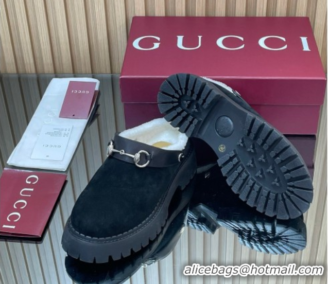 Best Quality Gucci Suede and Wool Mule with Horsebit 835829 Black 1020049