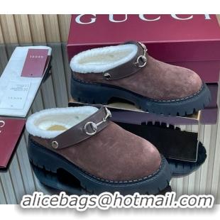 Durable Gucci Suede and Wool Mule with Horsebit 835829 Dark Brown 1020050