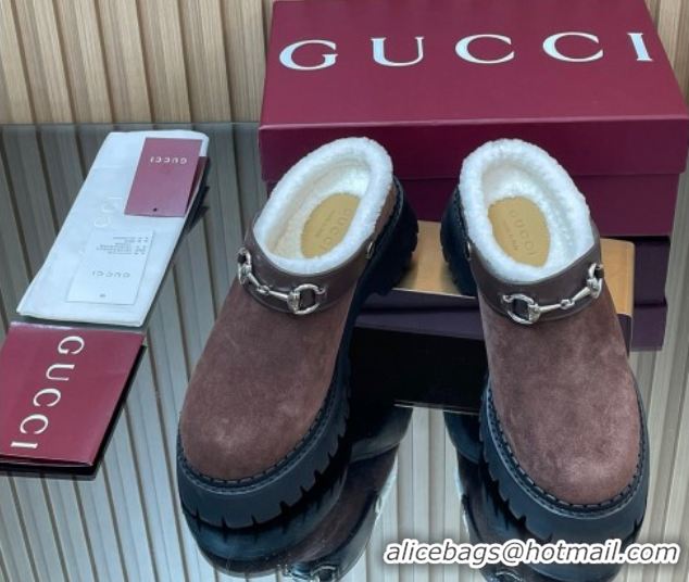 Durable Gucci Suede and Wool Mule with Horsebit 835829 Dark Brown 1020050