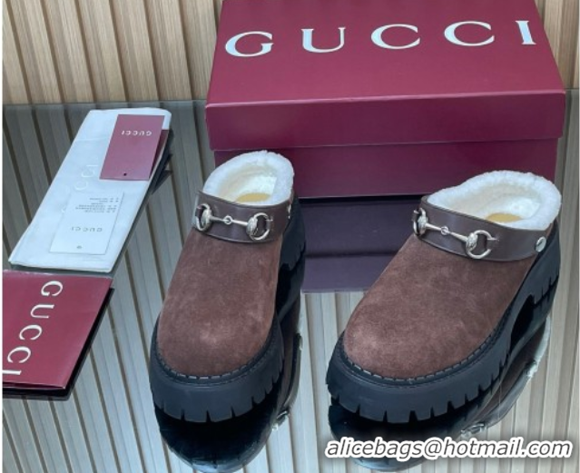 Durable Gucci Suede and Wool Mule with Horsebit 835829 Dark Brown 1020050
