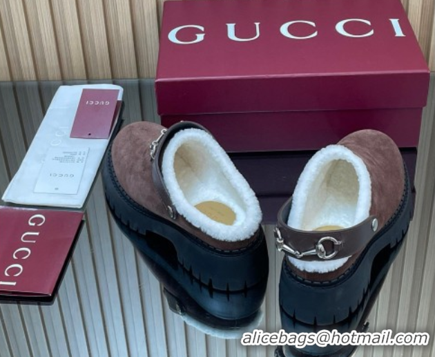 Durable Gucci Suede and Wool Mule with Horsebit 835829 Dark Brown 1020050