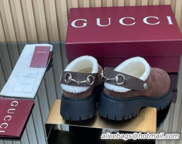Durable Gucci Suede and Wool Mule with Horsebit 835829 Dark Brown 1020050