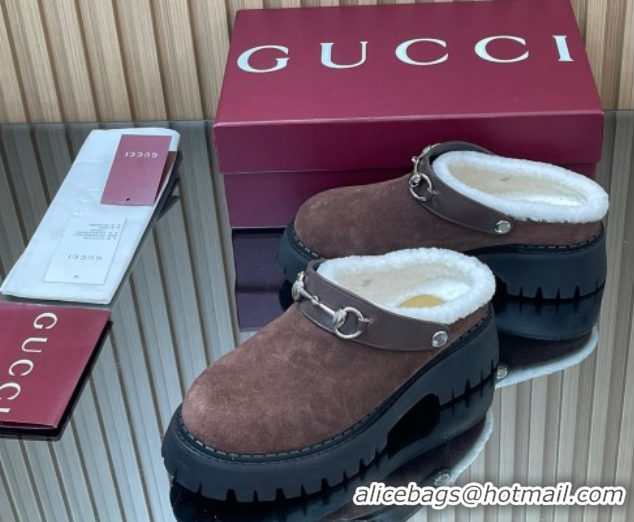 Durable Gucci Suede and Wool Mule with Horsebit 835829 Dark Brown 1020050