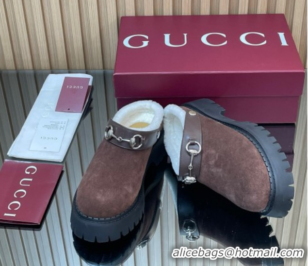 Durable Gucci Suede and Wool Mule with Horsebit 835829 Dark Brown 1020050
