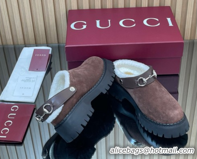 Durable Gucci Suede and Wool Mule with Horsebit 835829 Dark Brown 1020050