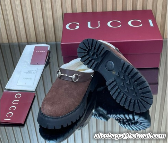 Durable Gucci Suede and Wool Mule with Horsebit 835829 Dark Brown 1020050