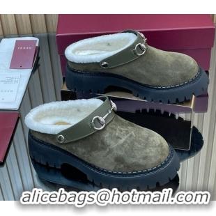 Super Quality Gucci Suede and Wool Mule with Horsebit 835829 Green 1020051