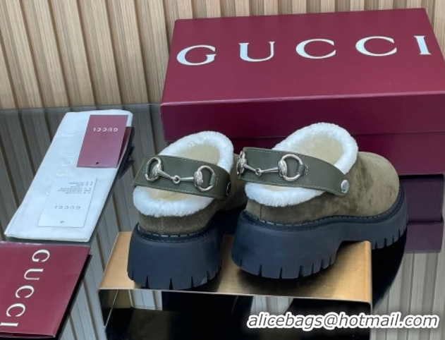 Super Quality Gucci Suede and Wool Mule with Horsebit 835829 Green 1020051